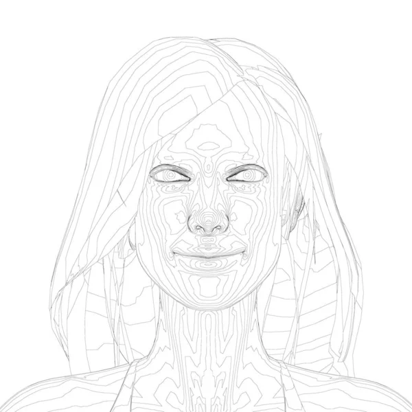 Wireframe de una chica con el pelo largo. Vista frontal. 3D. Ilustración vectorial — Vector de stock