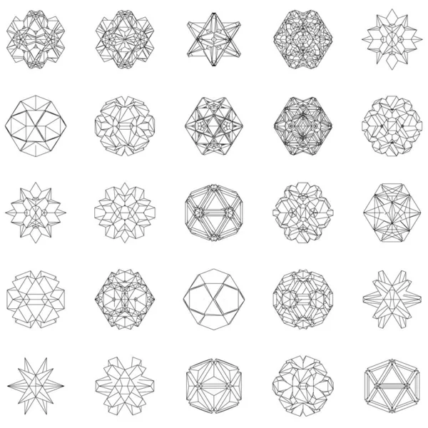 Conjunto com contorno de várias formas geométricas a partir de linhas pretas sobre um fundo branco. 3D. Ilustração vetorial —  Vetores de Stock