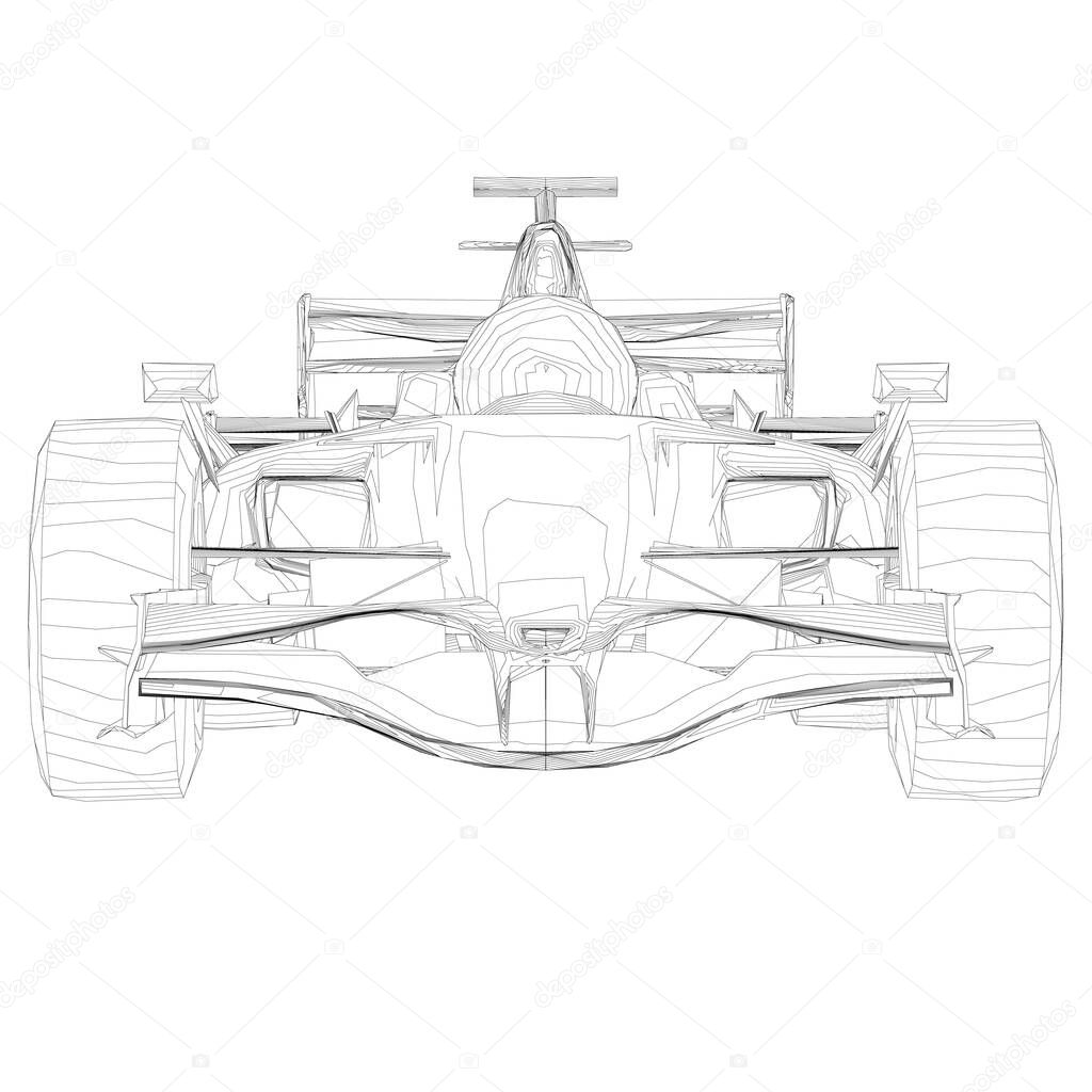 Wireframe of a racing car from black lines on a white background. Front view. 3D. Vector illustration