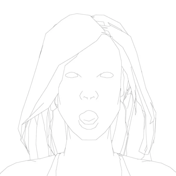Το περίγραμμα του κεφαλιού ενός κοριτσιού με μακριά μαλλιά και έκπληκτο πρόσωπο. Το πρόσωπο του κοριτσιού με το ανοιχτό στόμα. Μπροστά. Εικονογράφηση διανύσματος — Διανυσματικό Αρχείο