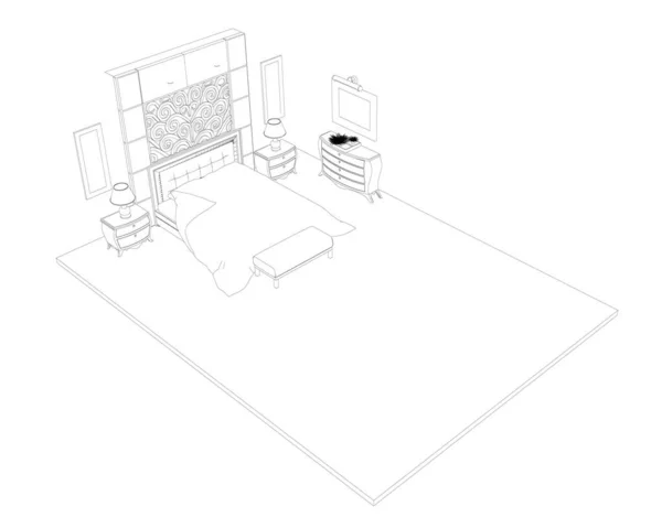 Camera da letto contorno interno. Piano per collocare mobili nelle camere da letto. Vista isometrica. Illustrazione vettoriale — Vettoriale Stock