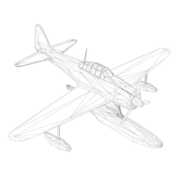 Wireframe de um avião velho para pousar e decolar da água. Vista isométrica. 3D. Ilustração vetorial — Vetor de Stock