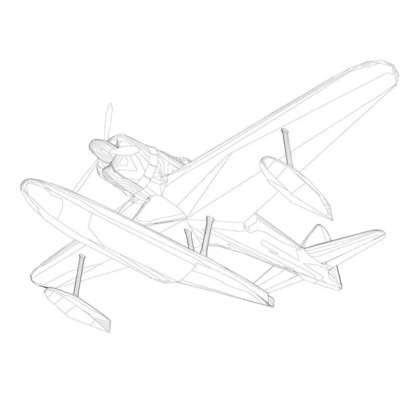 Wireframe di un vecchio aereo per l'atterraggio e il decollo dall'acqua. Vista dal basso. 3D. Illustrazione vettoriale — Vettoriale Stock