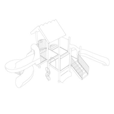 Beyaz arkaplandaki siyah çizgilerden oyun alanının dış hatları. Kaydırak ve merdivenli çocuk parkı. Isome Manzarası. Üç boyutlu. Vektör illüstrasyonu