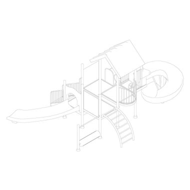 Beyaz arkaplandaki siyah çizgilerden oyun alanının dış hatları. Kaydırak ve merdivenli çocuk parkı. Isome Manzarası. Üç boyutlu. Vektör illüstrasyonu
