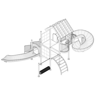 Beyaz arka planda siyah çizgilerden oluşan oyun alanı teli. Kaydırak ve merdivenli çocuk parkı. Isome Manzarası. Üç boyutlu. Vektör illüstrasyonu