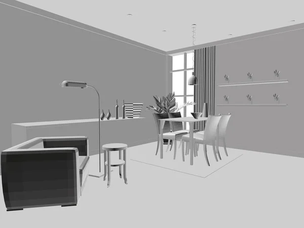 Proyecto interior habitación en gris. Perspectiva. Interior poligonal. 3D. Ilustración vectorial — Vector de stock