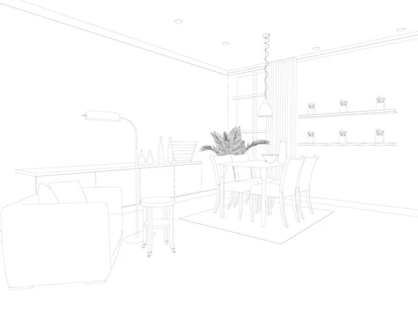 Projet intérieur de la chambre à partir de lignes noires. Vue en perspective. Intérieur du contour. 3D. Illustration vectorielle — Image vectorielle