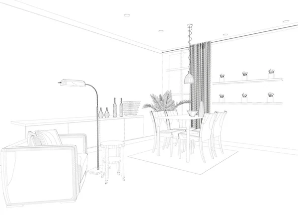 Proyecto interior de la habitación a partir de líneas negras. Perspectiva. Interior del Wireframe. 3D. Ilustración vectorial — Vector de stock