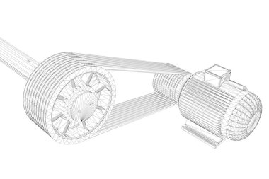 Emniyet kemerleriyle birlikte motor iskeleti. Beyaz zemin üzerinde siyah çizgilerden oluşan elektrikli bir motorun dış hatları. Üç boyutlu. Vektör illüstrasyonu