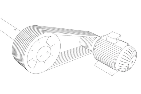 Quadro do motor com cintos. O contorno de um motor elétrico a partir de linhas pretas sobre um fundo branco. 3D. Ilustração vetorial — Vetor de Stock