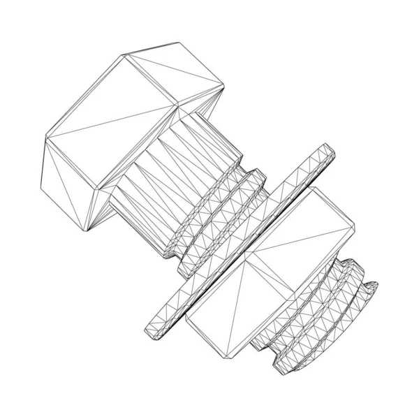 Wireframe parafuso com rosca e porca de linhas pretas em um fundo branco. 3D. Ilustração vetorial — Vetor de Stock