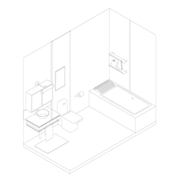 Contorno de um interior de banheiro de linhas pretas em um fundo branco. Vista isométrica. 3D. Ilustração vetorial — Vetor de Stock