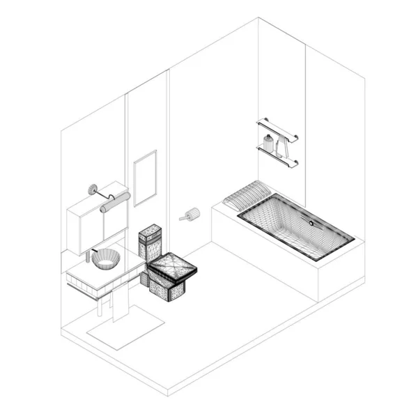 Wireframe Badezimmer Innenraum aus schwarzen Linien auf weißem Hintergrund. Isometrische Sicht. 3D. Vektorillustration — Stockvektor