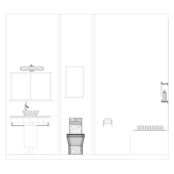 Wireframe εσωτερικό μπάνιο από μαύρες γραμμές σε λευκό φόντο. Μπροστά. 3D. Εικονογράφηση διανύσματος — Διανυσματικό Αρχείο