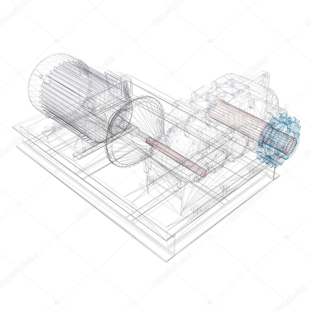 Industrial electric motor wireframe. Isometric view. 3D. Vector illustration
