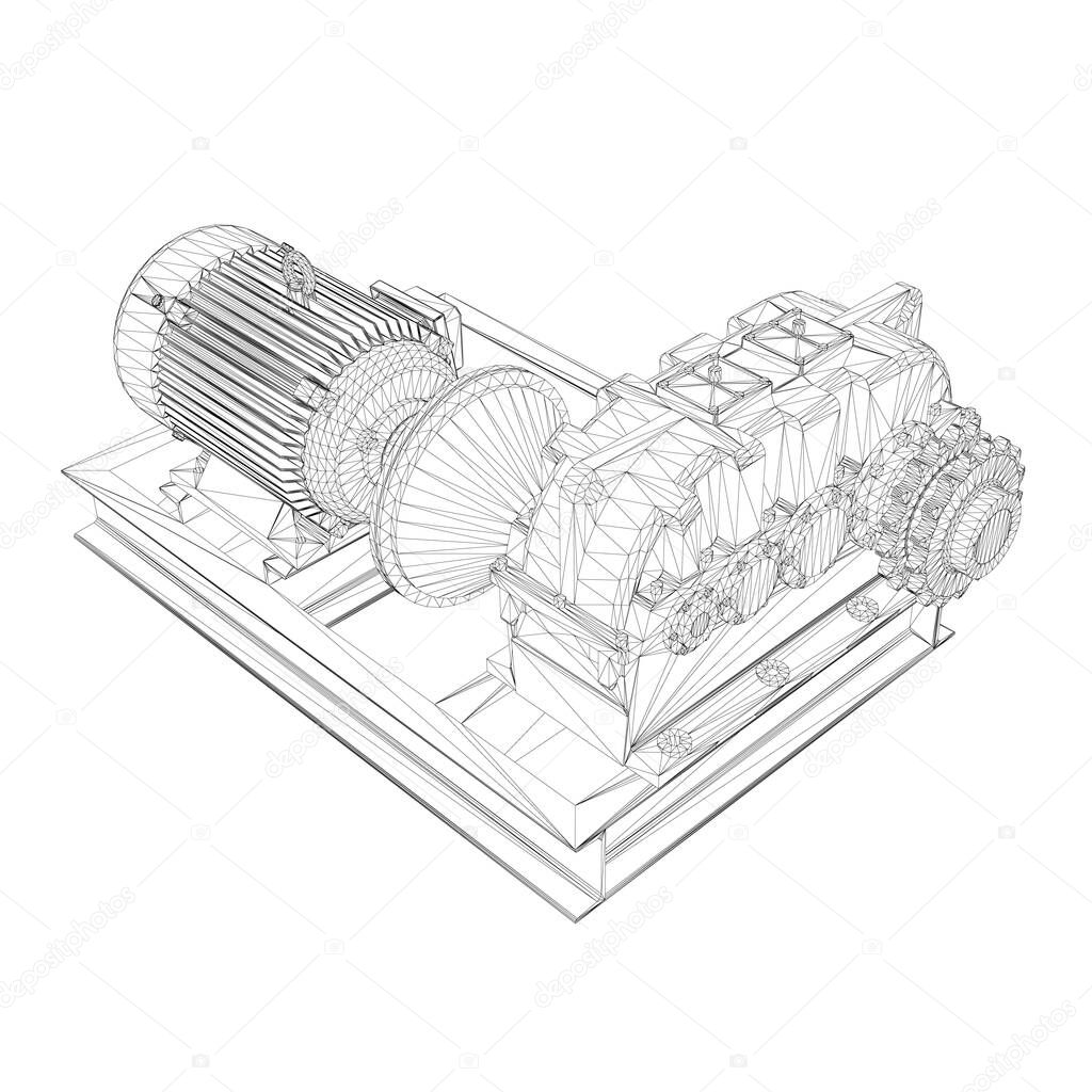 Industrial electric motor wireframe. Isometric view. 3D. Vector illustration