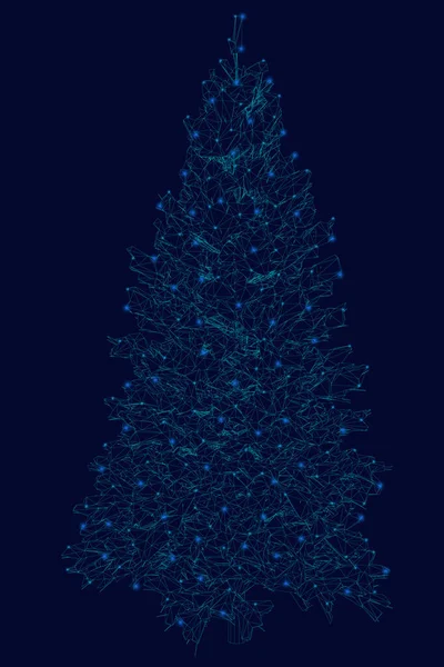 Estructura de un árbol de Navidad hecho de líneas azules con luces brillantes sobre un fondo oscuro. Ilustración vectorial — Archivo Imágenes Vectoriales