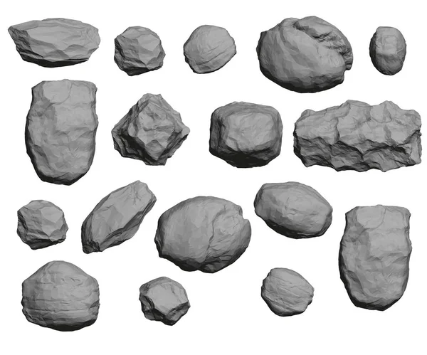 Set mit Steinen verschiedener Formen isoliert auf weißem Hintergrund. Poly-arme graue Steine. 3D. Vektorillustration — Stockvektor