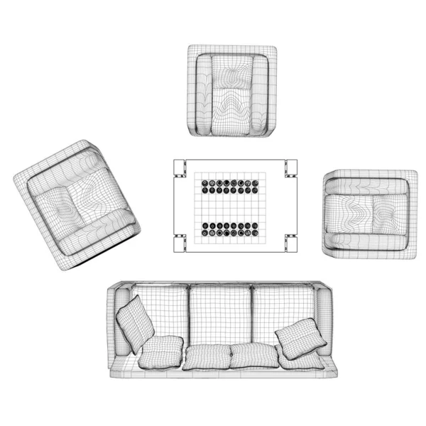 Диван Wireframe, кресла и стол с шахматами. Вид сверху. 3D. Векторная иллюстрация — стоковый вектор