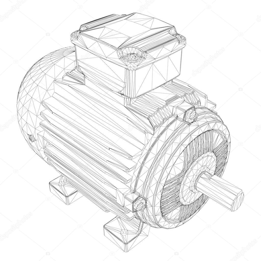 Electric motor wireframe made of black lines on a white background. Isometric view. 3D. Vector illustration