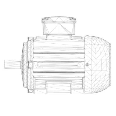 Beyaz zemin üzerinde siyah çizgilerden yapılmış elektrikli motor kablosu. Yan görüş. Üç boyutlu. Vektör illüstrasyonu