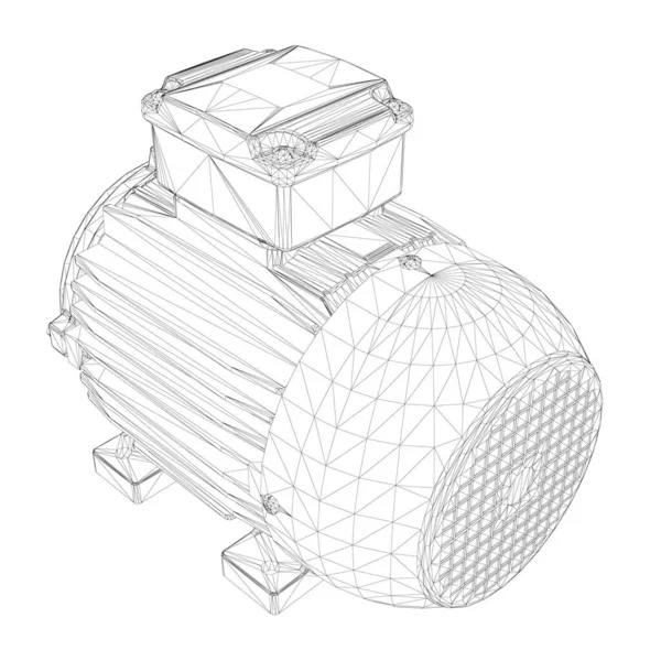 Wireframe motor elétrico feito de linhas pretas em um fundo branco. Vista isométrica. 3D. Ilustração vetorial — Vetor de Stock