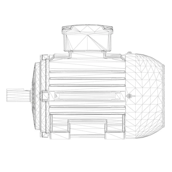 Wireframe motor elétrico feito de linhas pretas em um fundo branco. Vista lateral. 3D. Ilustração vetorial — Vetor de Stock