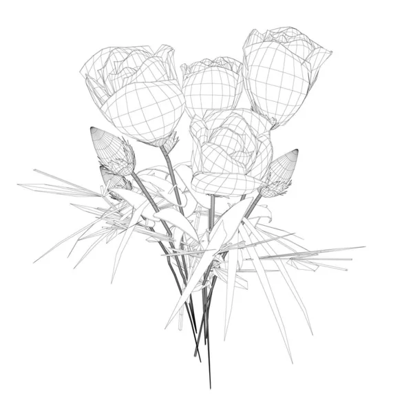 Wireframe с розами из черных линий на белом фоне. Вид сбоку. 3D. Векторная иллюстрация — стоковый вектор