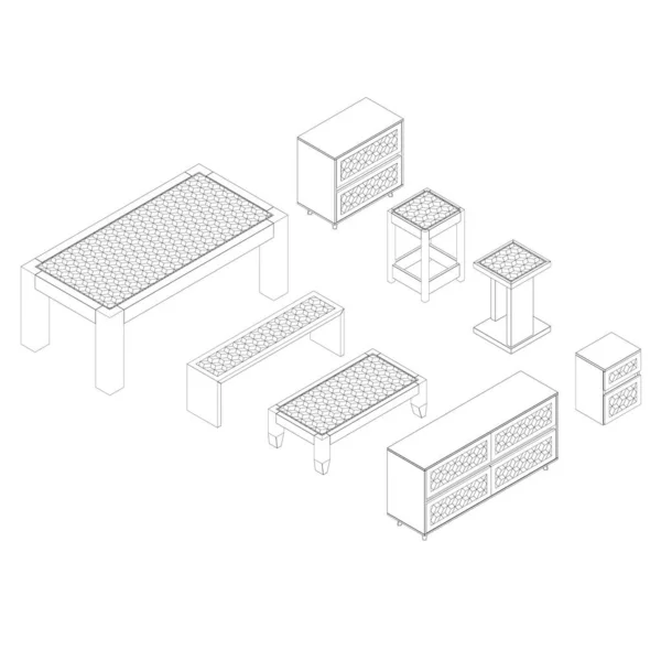Conjunto com contornos de móveis. Mesa, cadeiras, mesas de cabeceira e bancos. Vista isométrica. Ilustração vetorial — Vetor de Stock