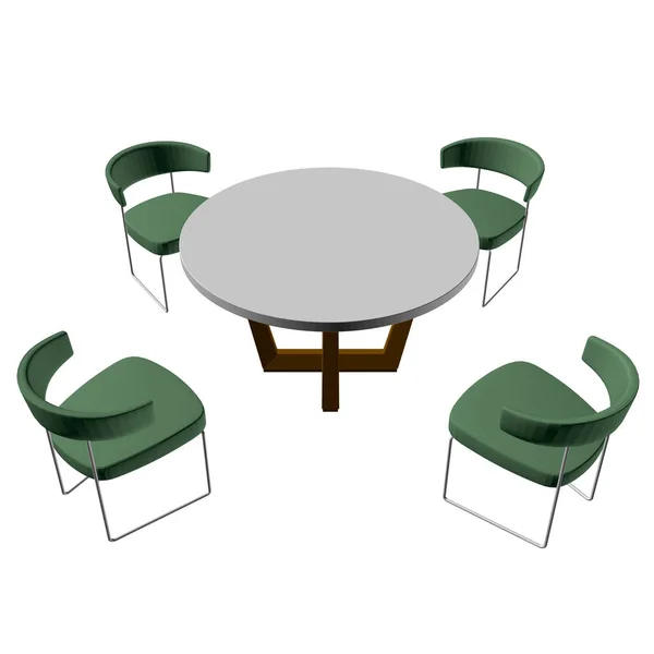 Green chairs sit around the table. Perspective view. 3D. Vector illustration — Stock Vector