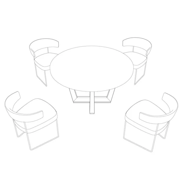 Наброски стульев стоят вокруг стола. Перспективный взгляд. 3D. Векторная иллюстрация — стоковый вектор