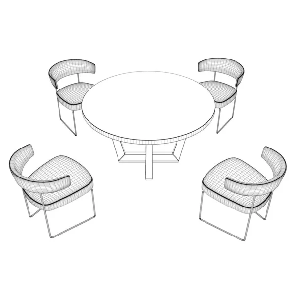 Sillas con estructura de cable alrededor de la mesa. Perspectiva. 3D. Ilustración vectorial — Vector de stock