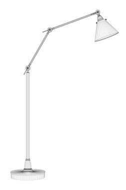 Beyaz arka planda izole edilmiş siyah çizgilerden yapılmış masa lambası teli. Yan görüş. Üç boyutlu. Vektör illüstrasyonu