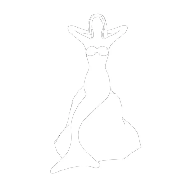 Konturen av en sjöjungfru som sitter på en sten. Sjöjungfru från svarta linjer isolerad på vit bakgrund. Vektorillustration — Stock vektor