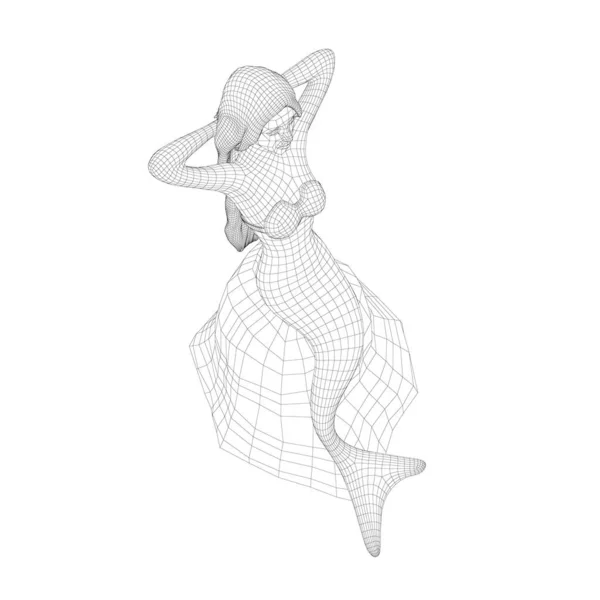Drahtgestell einer Meerjungfrau, die auf einem Stein sitzt. Meerjungfrau aus schwarzen Linien isoliert auf weißem Hintergrund. 3D. Vektorillustration — Stockvektor