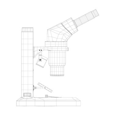 Beyaz arka planda izole edilmiş siyah çizgilerden yapılmış bir mikroskop çerçevesi. Masaüstü mikroskobu. Yan görüş. Üç boyutlu. Vektör illüstrasyonu