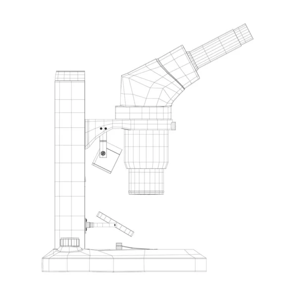 Beyaz arka planda izole edilmiş siyah çizgilerden yapılmış bir mikroskop çerçevesi. Masaüstü mikroskobu. Yan görüş. Üç boyutlu. Vektör illüstrasyonu — Stok Vektör