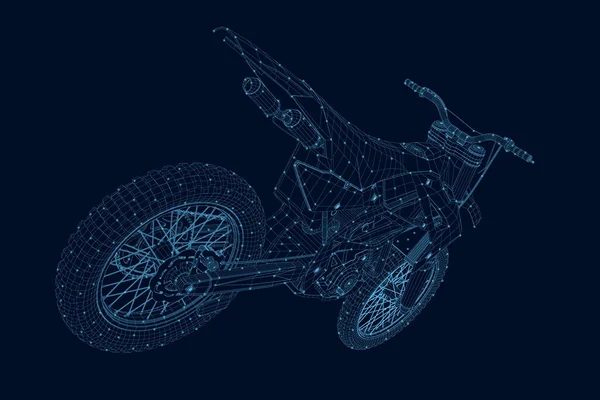 Wireframe de uma motocicleta de esportes de linhas azuis com luzes brilhantes isoladas em um fundo escuro. 3D. Ilustração vetorial —  Vetores de Stock