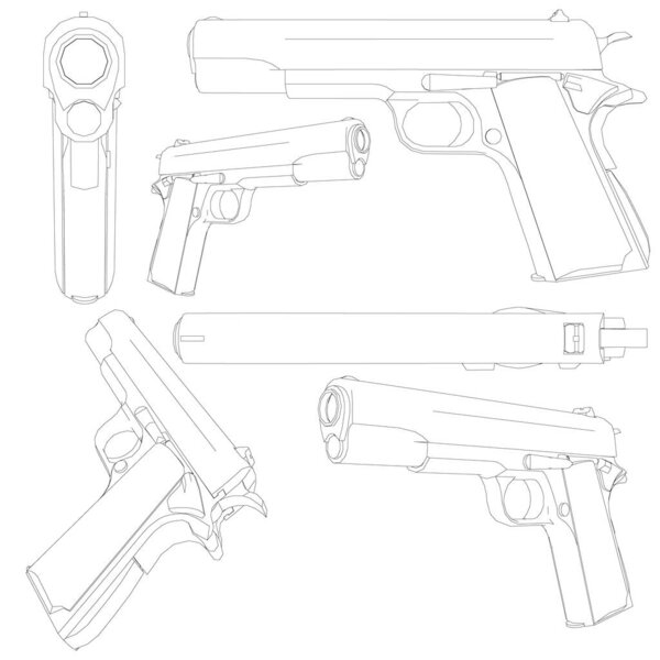 Set with a contour of a 1911 Colt pistol. Contour of a pistol in different positions isolated on a white background. 3D. Vector illustration