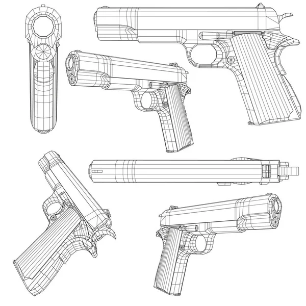 Set con pistola de polietileno bajo Colt 1911. Estructura de alambre de una pistola en diferentes posiciones aisladas sobre un fondo blanco. 3D. Ilustración vectorial — Archivo Imágenes Vectoriales