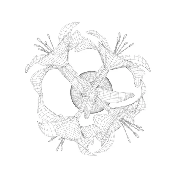 Drátěný rám Hippeastrum v hrnci z černých linií izolovaných na bílém pozadí. Pohled shora. 3D. Vektorová ilustrace — Stockový vektor