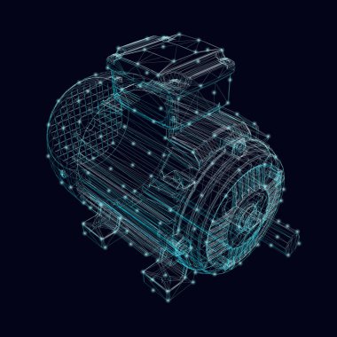 Electric motor frame made of blue lines with glowing lights on a dark background. Isometric view. 3D. Vector illustration clipart