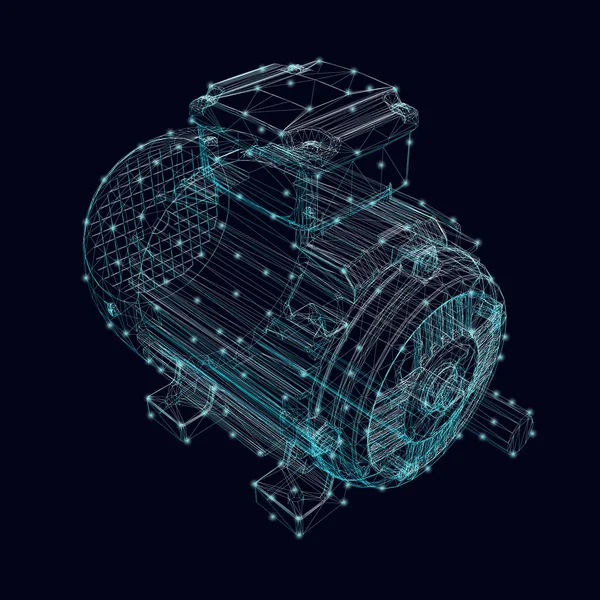 Elektromos motorkeret kék vonalakból, világító fényekkel és sötét háttérrel. Izometrikus nézet. 3D-ben. Vektorillusztráció — Stock Vector