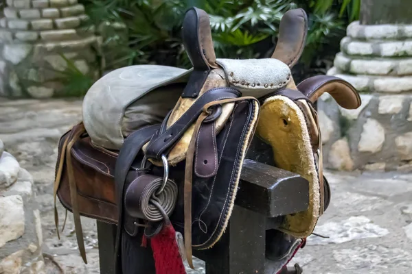 Harnais de cheval en cuir sur un poteau en bois — Photo