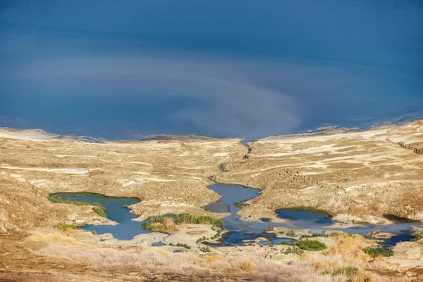 Una vista del Mar Muerto y pequeños charcos de agua dulce — Foto de Stock