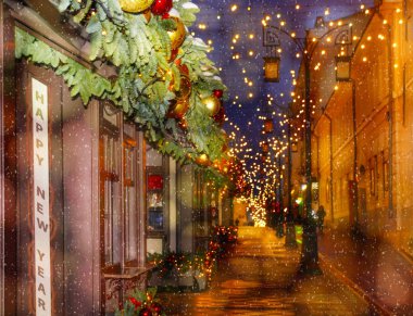 Festively dekore edilmiş sokak manzaralı Noel ve yeni yıl için tebrik kartı.