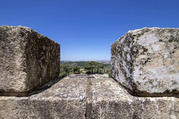 Vue sur les montagnes de Galilée à travers les pierres couvertes de lichen de l'ancienne ville de Zippori. Israël . — Photo