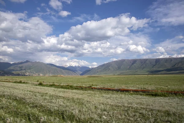 Green valley, hills and mountains with snowy peaks against a cloudy sky. Traveling in Kyrgyzstan — Stock Photo, Image