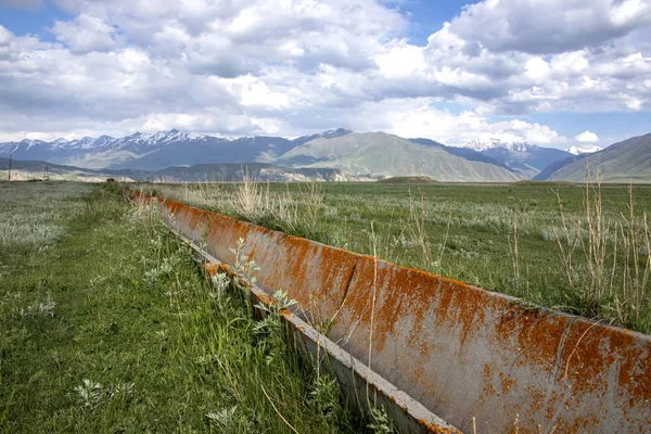 Aryk pecked by lichen on a green valley on a background of hills and mountains with snowy peaks — Stock Photo, Image